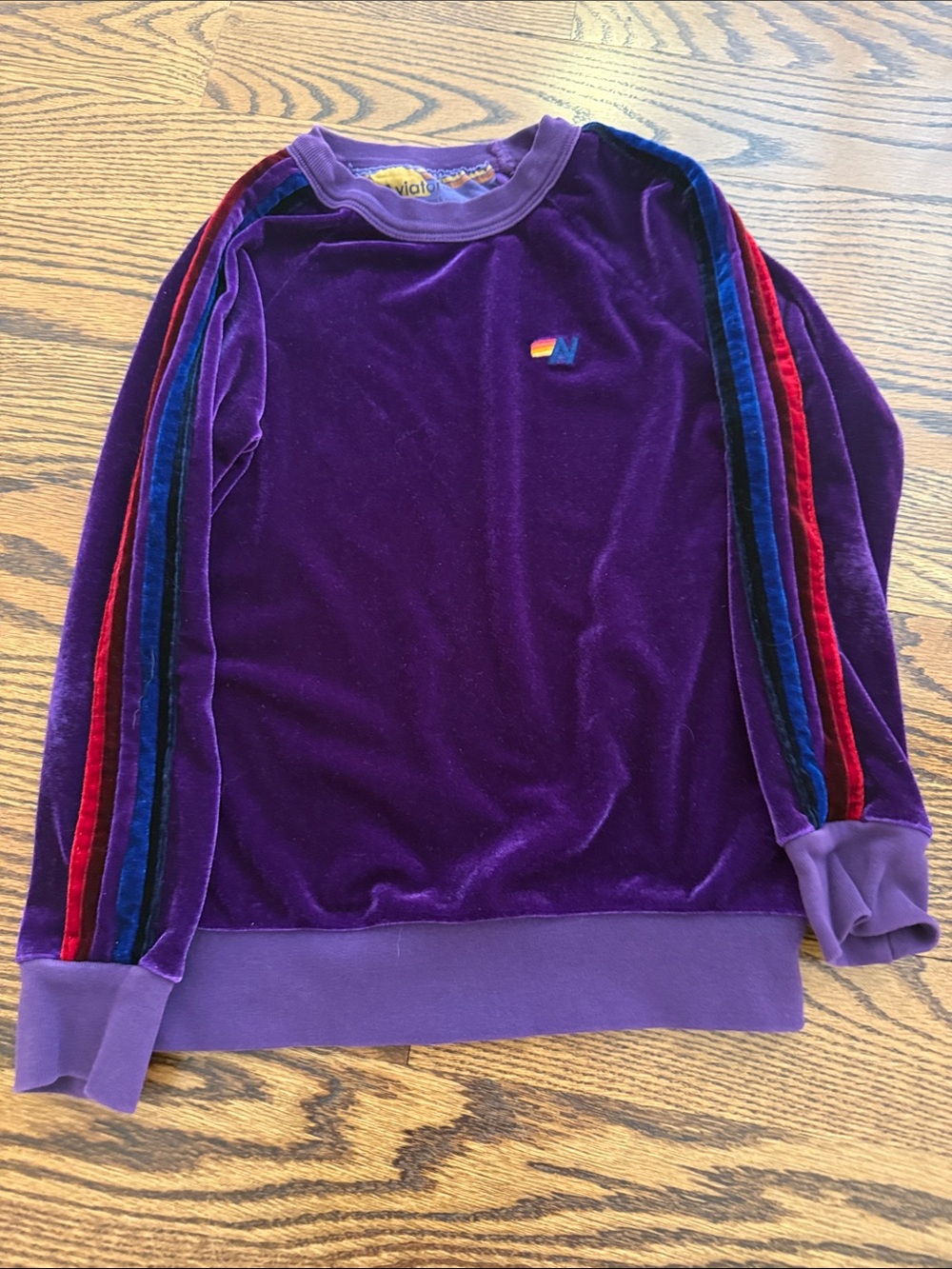 Aviator Nation Purple Velvet Crewneck with Red and Blue Stripe Sleeves